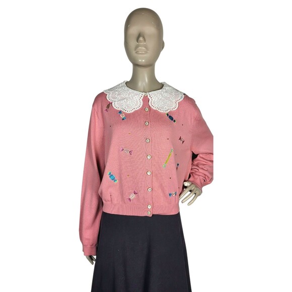 Royal Monk 50s Pink Lace Collar Candy Embroidered Opal Button Cardigan Sweater - Picture 6 of 14